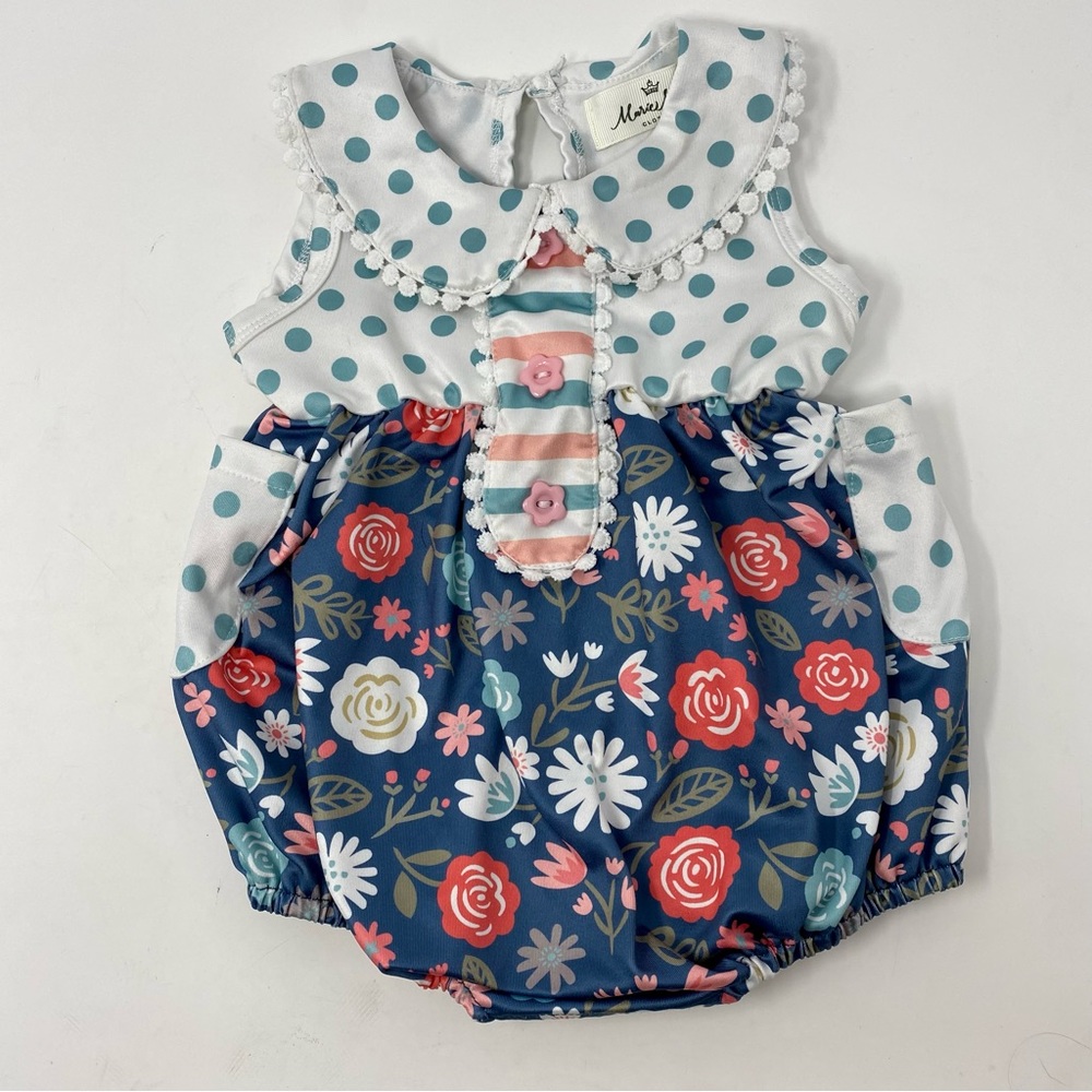 Marie Nicole Clothing Floral Dots Romper Blue Pink 6-9 months